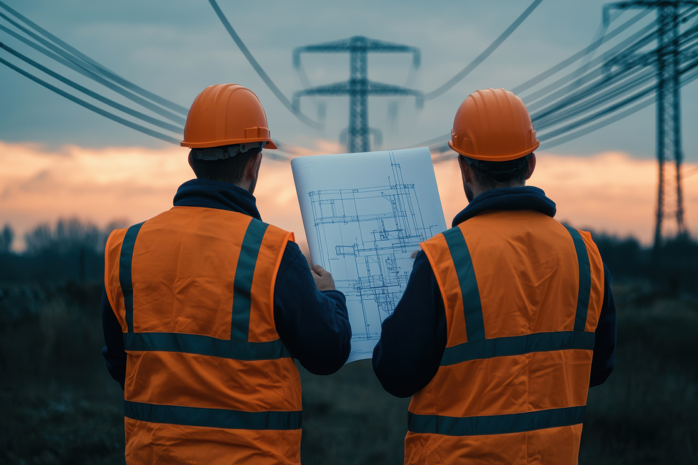 Two utility engineers reviewing technical blueprints near power lines at sunset, representing Sparus Technical Services’ engineering design expertise.